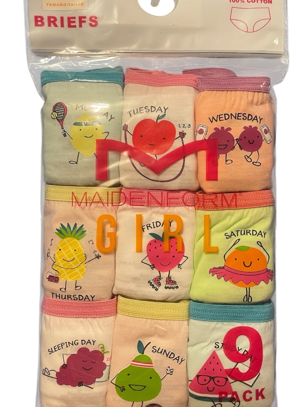 Maidenform Girls 9-Pack Cotton Briefs in Pastel Pink, Peach, Mint and Teal